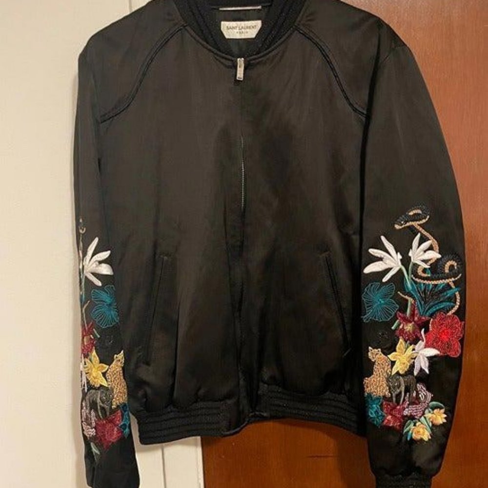 SAINT LAURENT 2021 Floral Appliqué Teddy Bomber Jacket